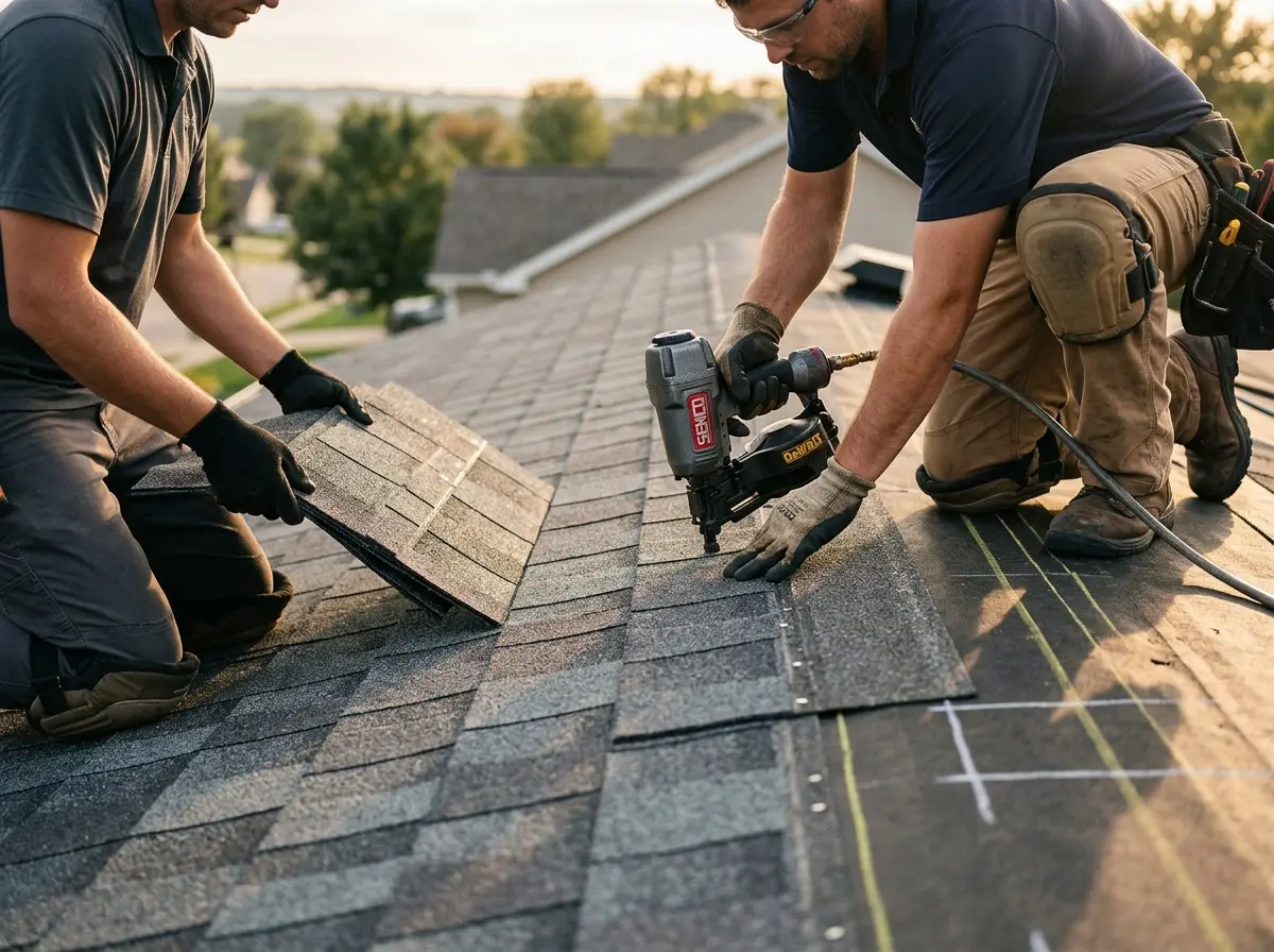 Professional roofer working on a residential roof in Paramus
